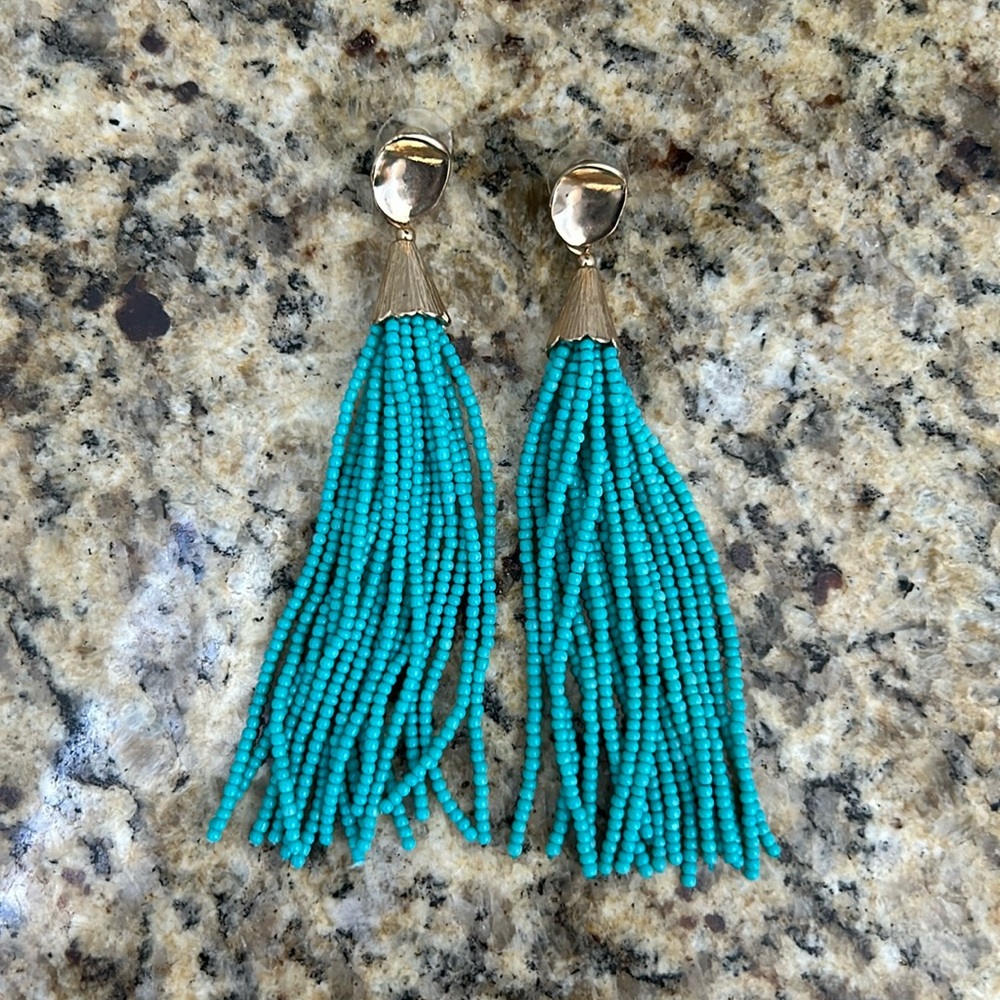 Teal tassel earrings - mild wear